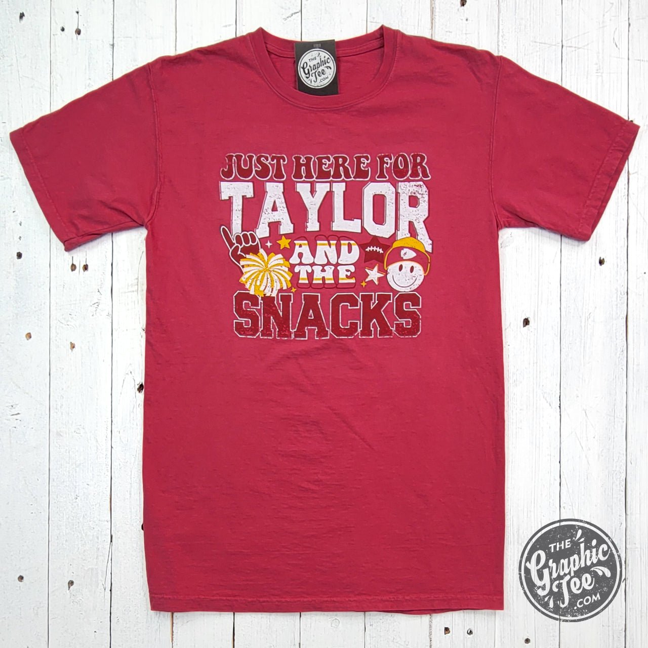 Just Here For Taylor and the Snacks Crimson Fall Comfort Wash Short Sleeve Tee - The Graphic Tee