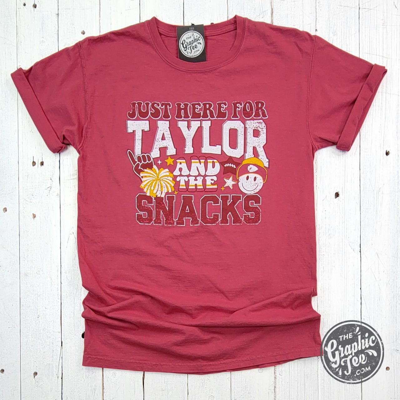 Just Here For Taylor and the Snacks Crimson Fall Comfort Wash Short Sleeve Tee - The Graphic Tee