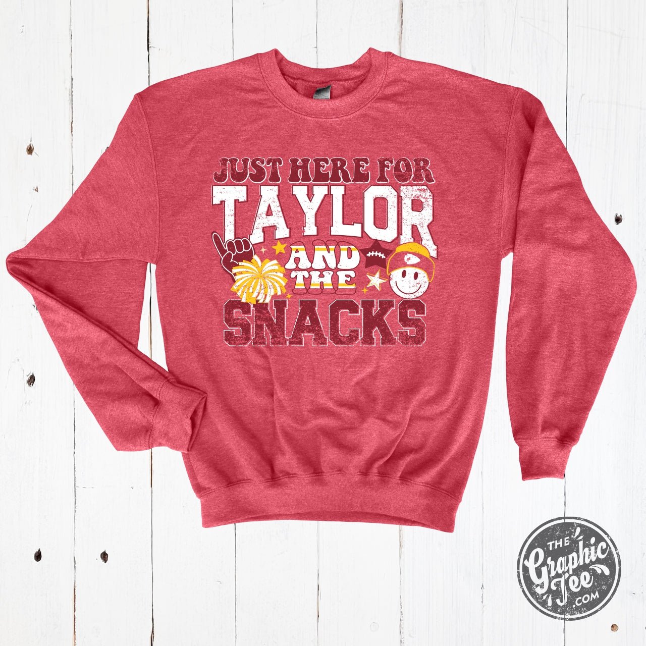 Just Here For Taylor And The Snacks Heather Sport Scarlet Crewneck Sweatshirt - The Graphic Tee