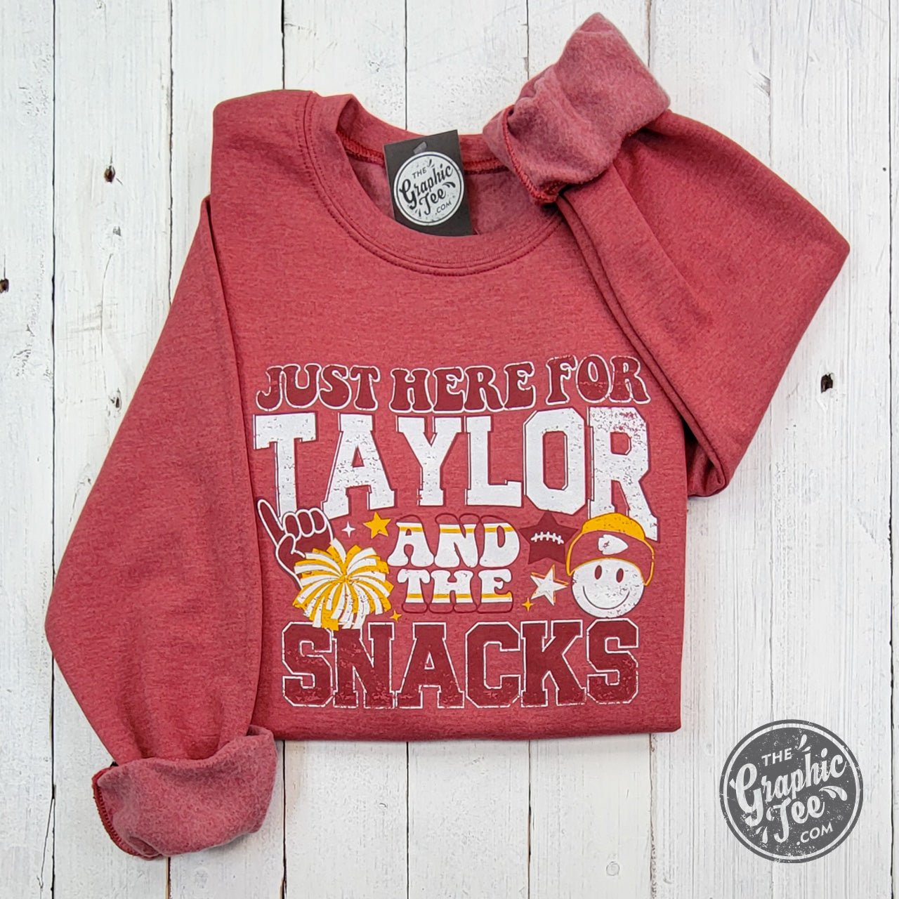 Just Here For Taylor And The Snacks Heather Sport Scarlet Crewneck Sweatshirt - The Graphic Tee