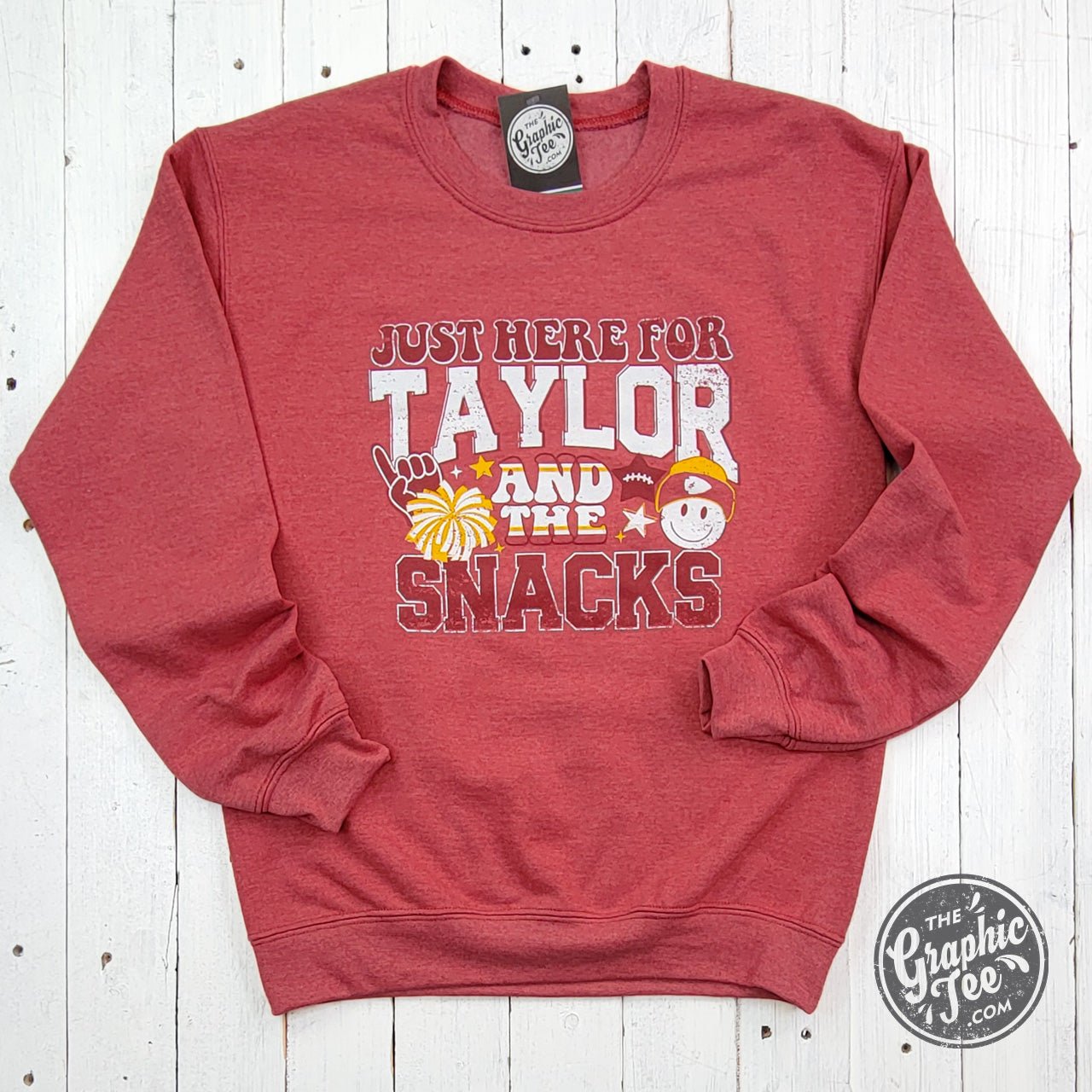 Just Here For Taylor And The Snacks Heather Sport Scarlet Crewneck Sweatshirt - The Graphic Tee