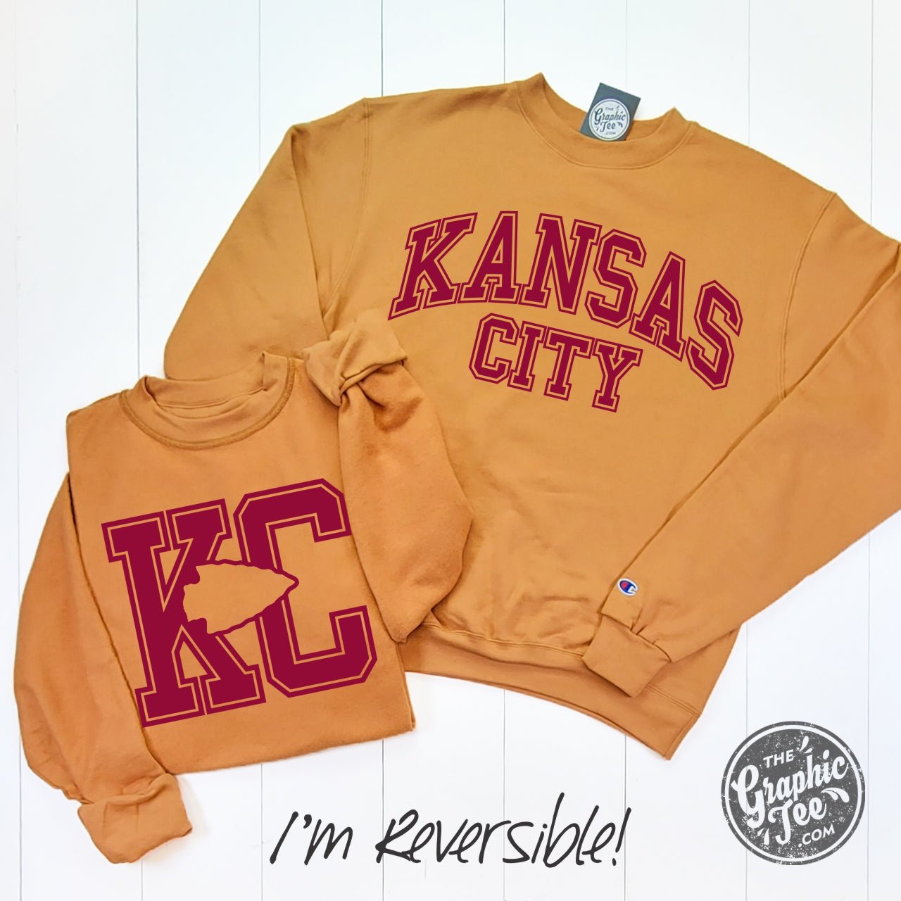 Kansas City Arrowhead Reversible Gold Glint Champion® Crewneck Sweatshirt - The Graphic Tee