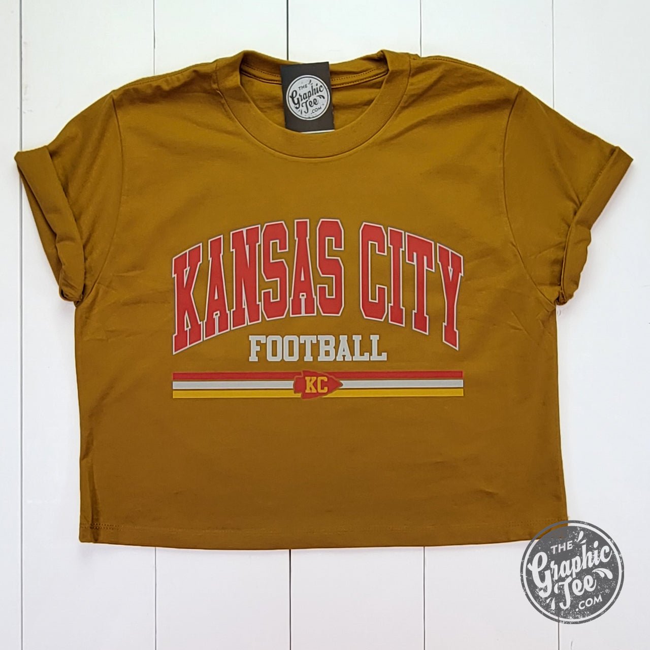 Kansas City Football Retro 3 Stripe Antique Gold Ladies Waist Length Tee - The Graphic Tee