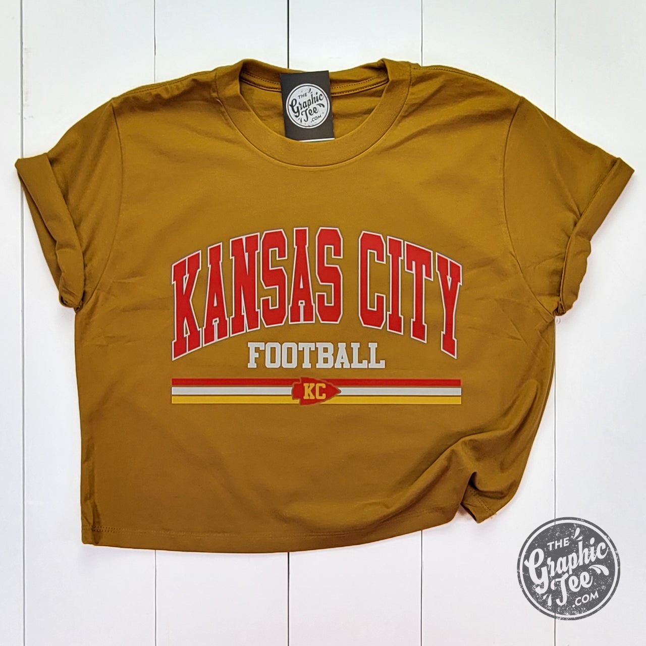 Kansas City Football Retro 3 Stripe Antique Gold Ladies Waist Length Tee - The Graphic Tee