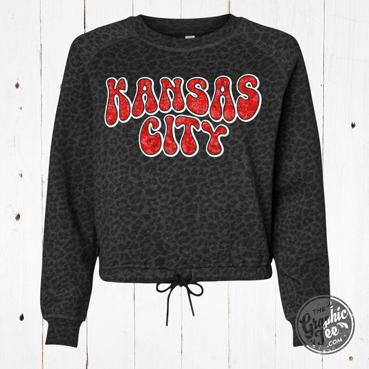 Kansas City Glitter Ladies Leopard Crop Sweatshirt - The Graphic Tee