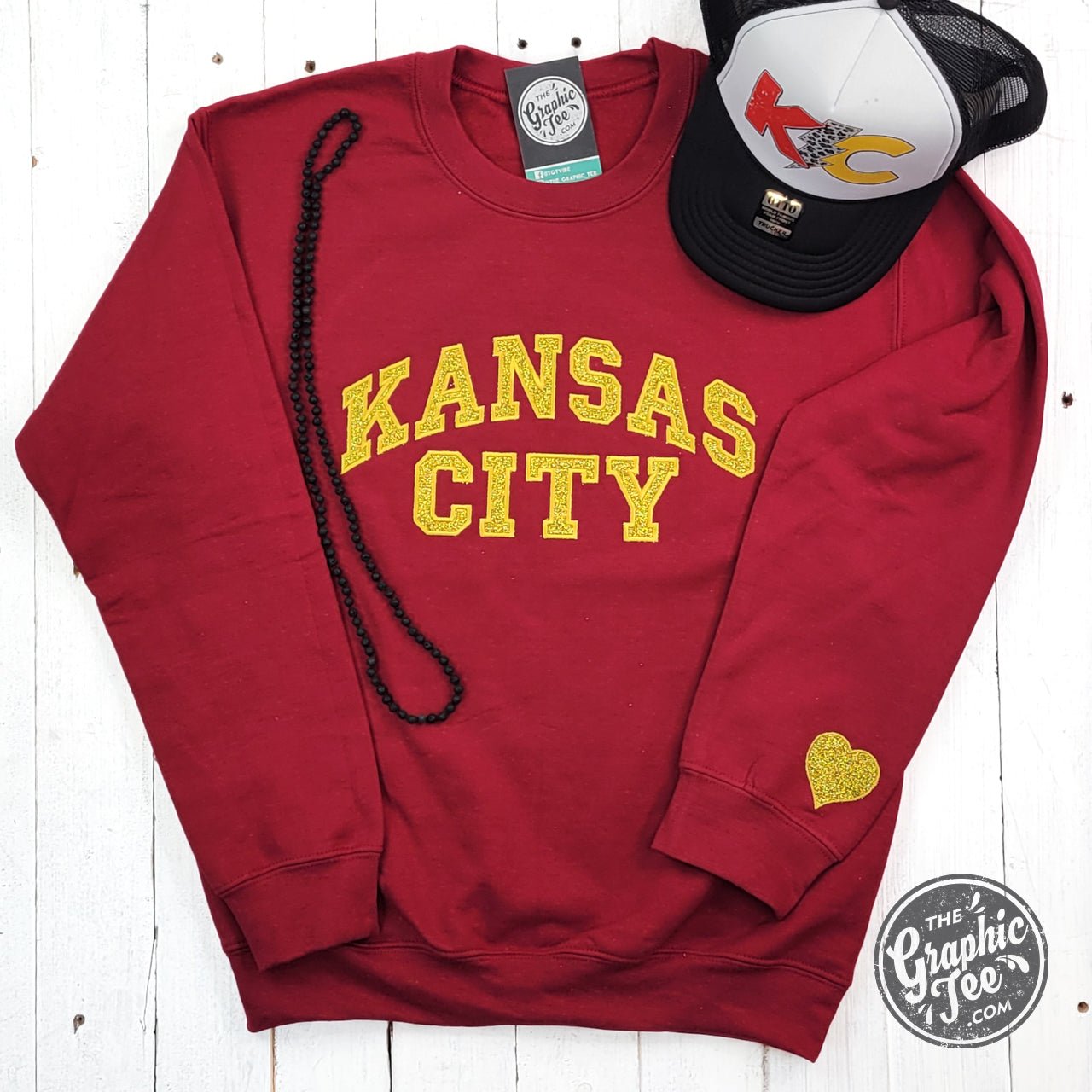 Kansas City Gold Glitter Applique Dark Red Crewneck Sweatshirt - The Graphic Tee