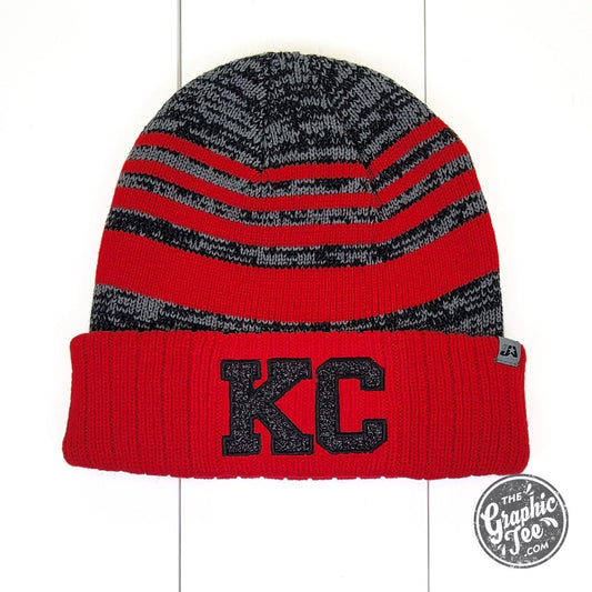 Kansas City KC Glitter Patch Red and Grey Stripe Cuffed Beanie - The Graphic Tee