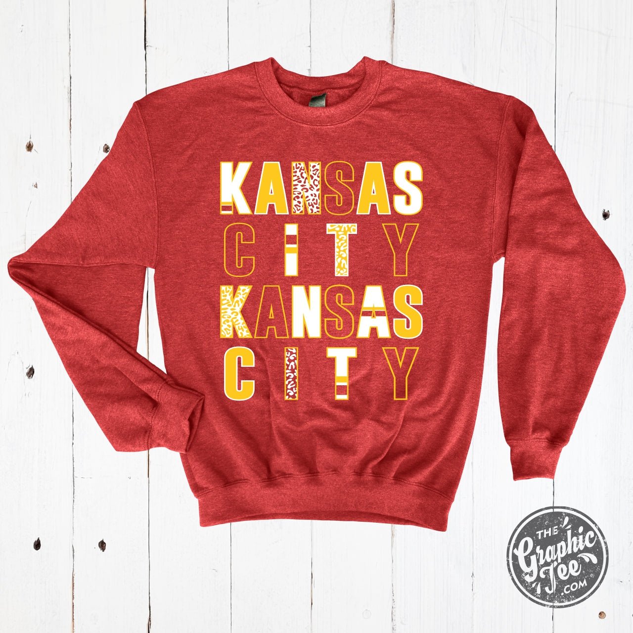 Kansas City Multi Pattern Letters Heather Sport Scarlet Crewneck Sweatshirt - The Graphic Tee