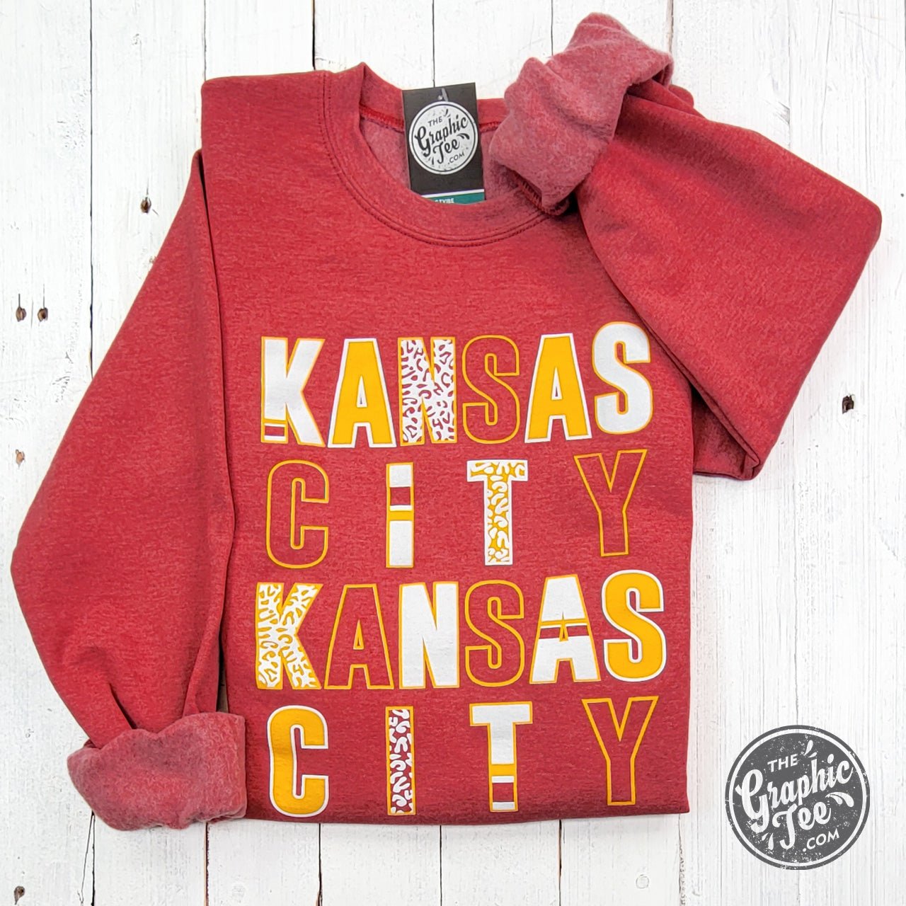 Kansas City Multi Pattern Letters Heather Sport Scarlet Crewneck Sweatshirt - The Graphic Tee