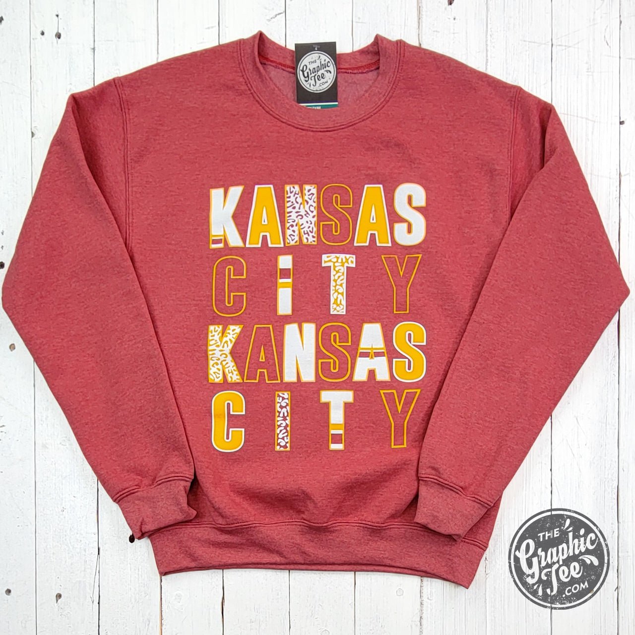 Kansas City Multi Pattern Letters Heather Sport Scarlet Crewneck Sweatshirt - The Graphic Tee