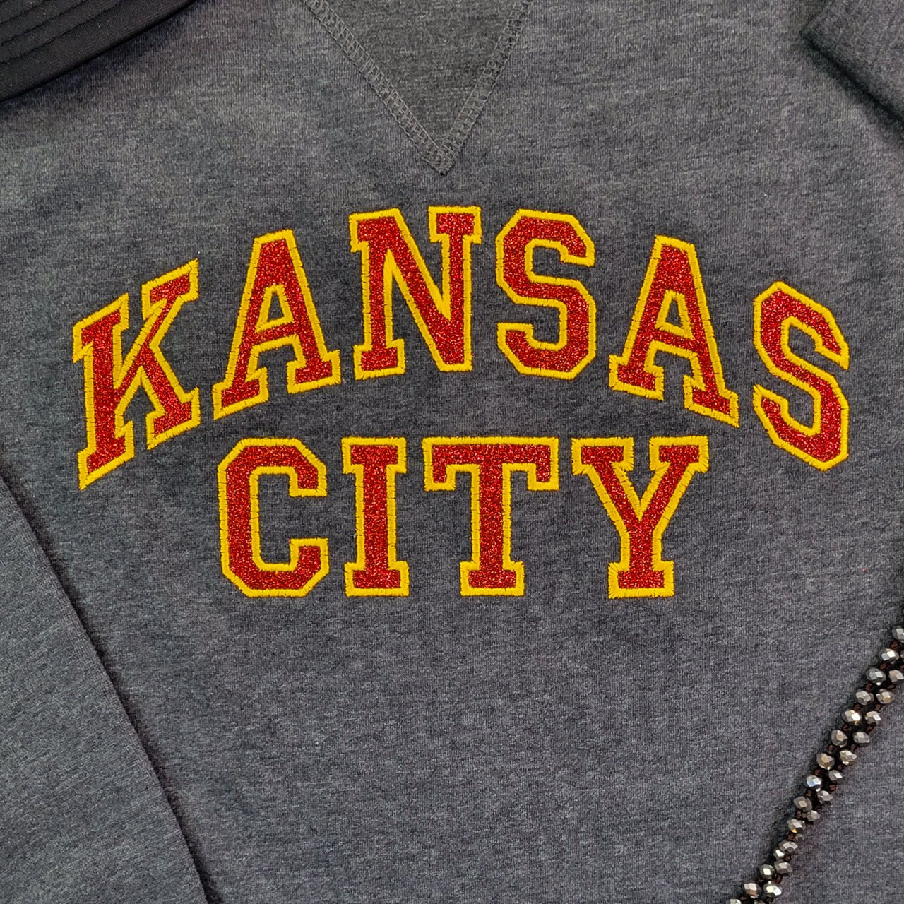 Kansas City Red & Gold Glitter Tackle Twill Ladies Drop Shoulder Sweatshirt - The Graphic Tee