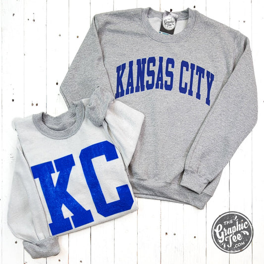 Kansas City Royal Blue Ink Reversible Sport Grey Crewneck Sweatshirt - The Graphic Tee