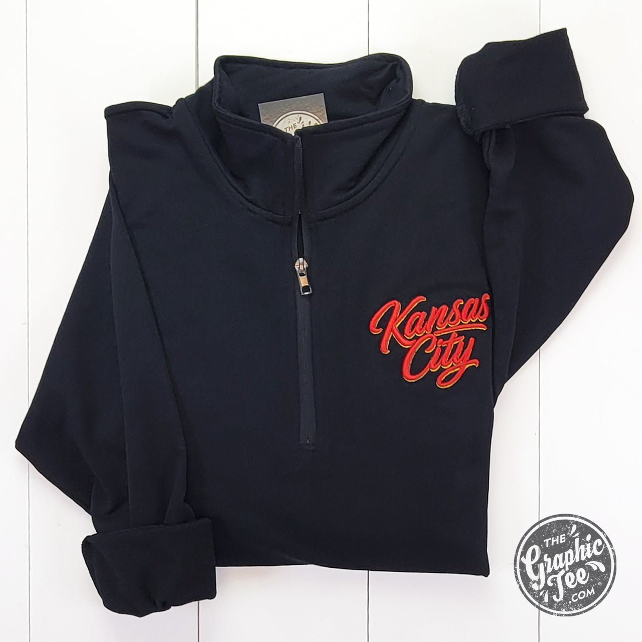 Kansas City Script 3D Embroidered Women’s Quarter-Zip Pullover - The Graphic Tee