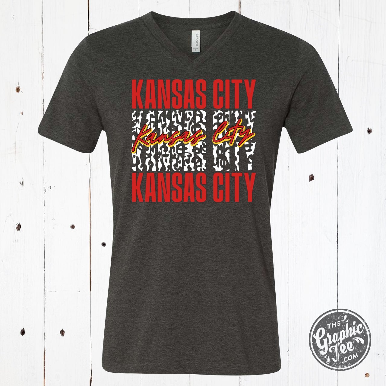 Kansas City Stacked With Leopard Dark Grey Heather V Neck Short Sleeve Tee - The Graphic Tee