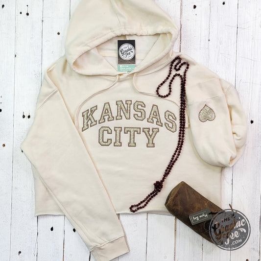 Kansas City Vintage Gold Glitter Tackle Twill Crop Hoodie - The Graphic Tee