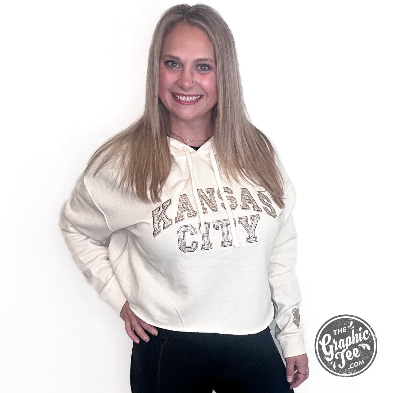 Kansas City Vintage Gold Glitter Tackle Twill Crop Hoodie - The Graphic Tee