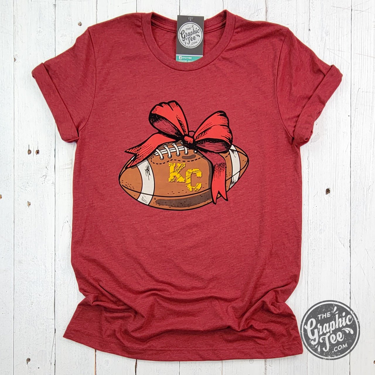 KC Football Bow Heather Cardinal Short Sleeve Crewneck Tee - The Graphic Tee