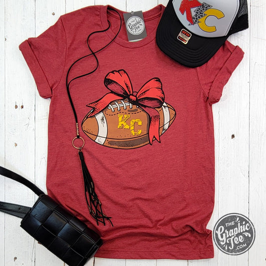 KC Football Bow Heather Cardinal Short Sleeve Crewneck Tee - The Graphic Tee