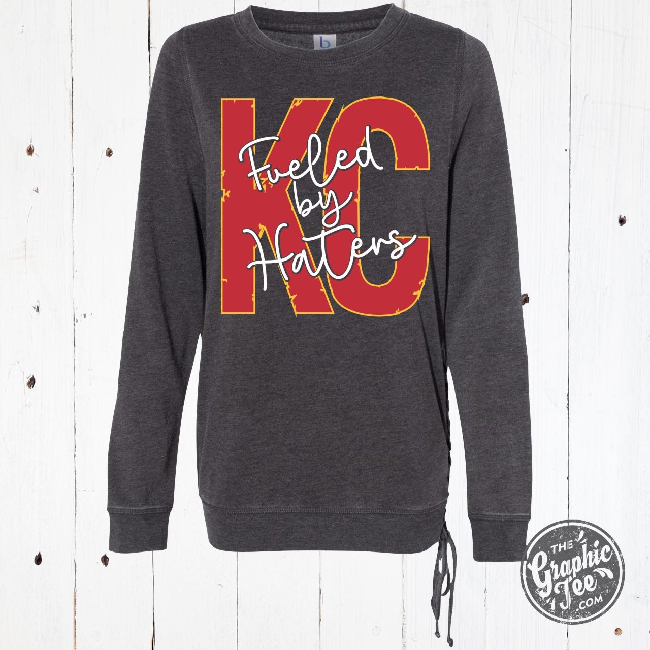 KC Fueled By Haters Mineral Washed Ladies Lace Up Sweatshirt - The Graphic Tee