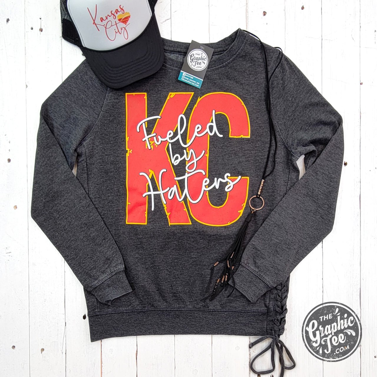 KC Fueled By Haters Mineral Washed Ladies Lace Up Sweatshirt - The Graphic Tee