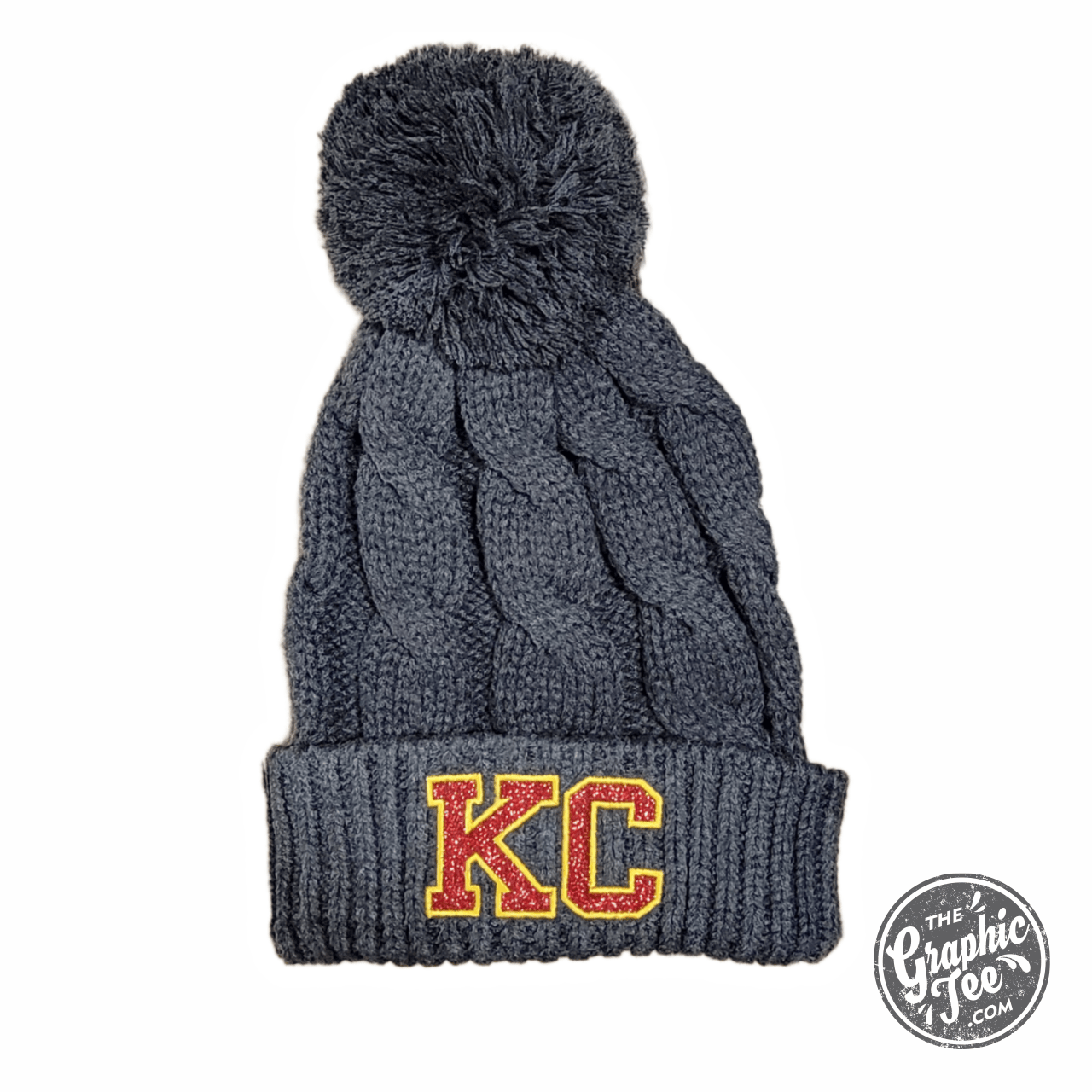 KC Glitter Applique Twist Knit Beanie with Pom - The Graphic Tee