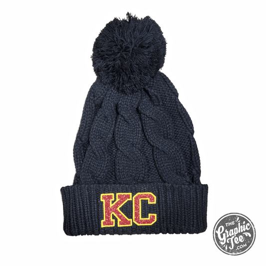 KC Glitter Applique Twist Knit Beanie with Pom - The Graphic Tee