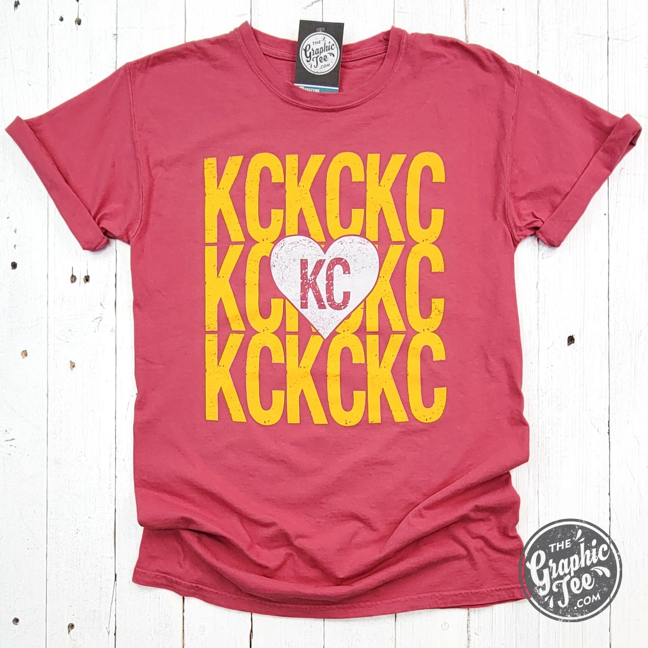 KC KC KC Heart Crimson Comfort Wash Short Sleeve Crew Neck Tee - The Graphic Tee