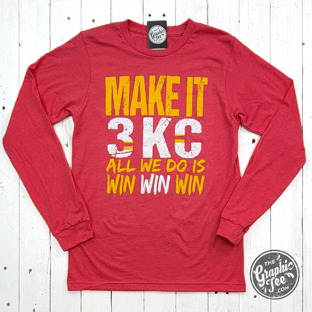 KC Make It 3 All We Do Is Win Win Win Heather Red Long Sleeve Tee - The Graphic Tee