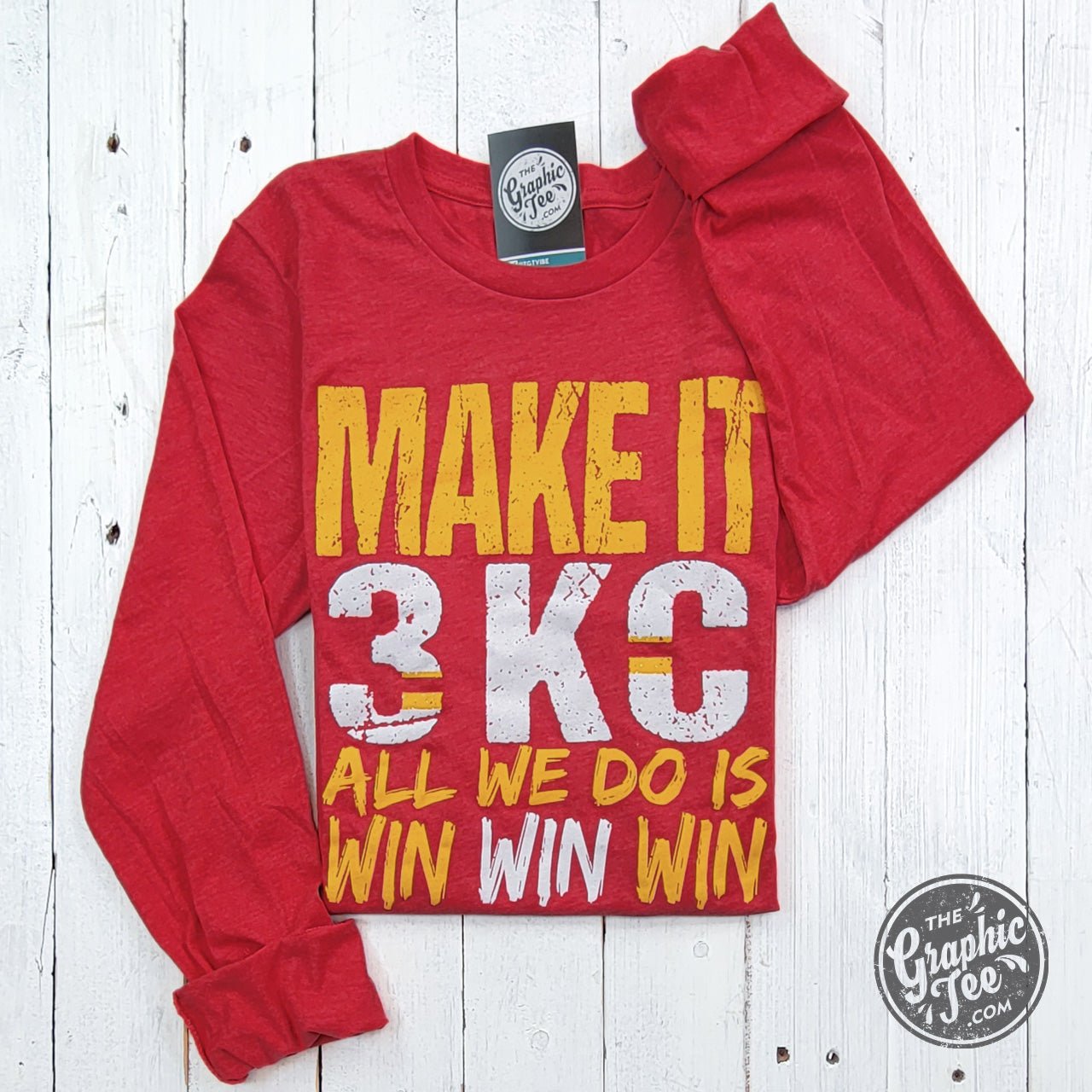 KC Make It 3 All We Do Is Win Win Win Heather Red Long Sleeve Tee - The Graphic Tee