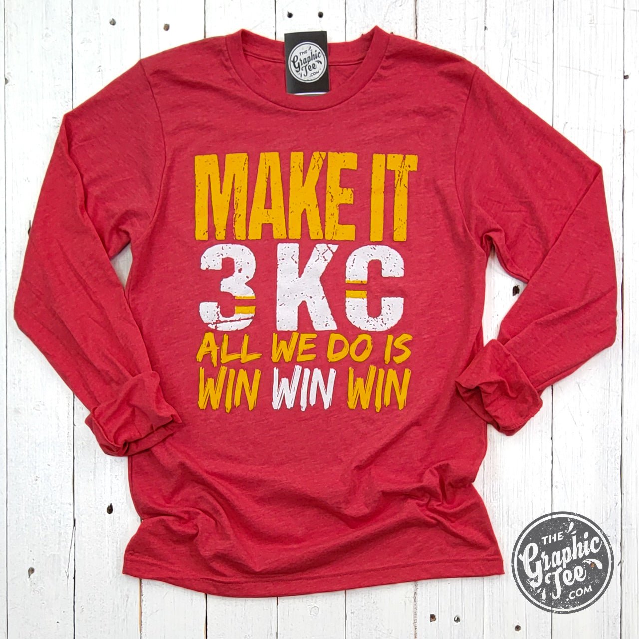 KC Make It 3 All We Do Is Win Win Win Heather Red Long Sleeve Tee - The Graphic Tee