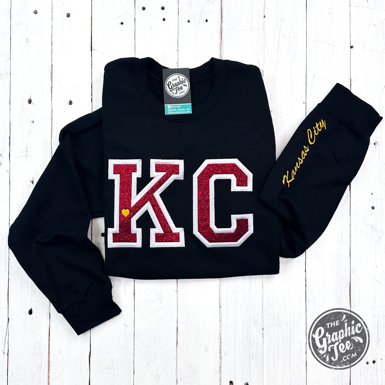 KC Red Glitter Applique Black Crewneck Sweatshirt - The Graphic Tee