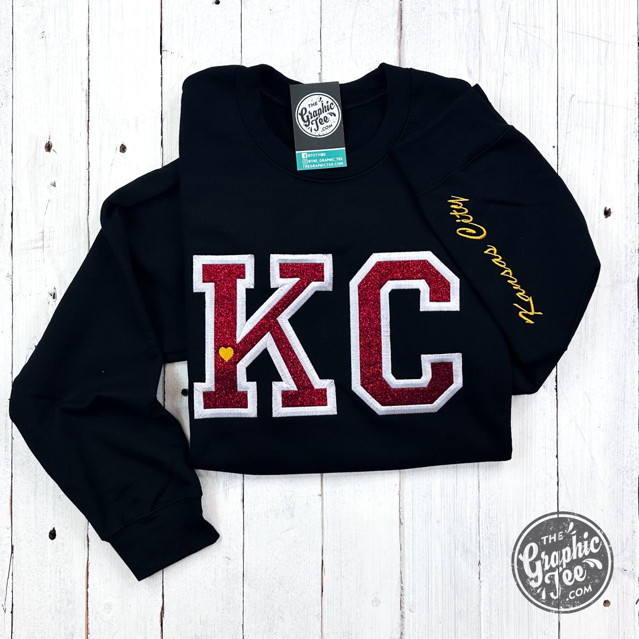 KC Red Glitter Applique Black Crewneck Sweatshirt - The Graphic Tee