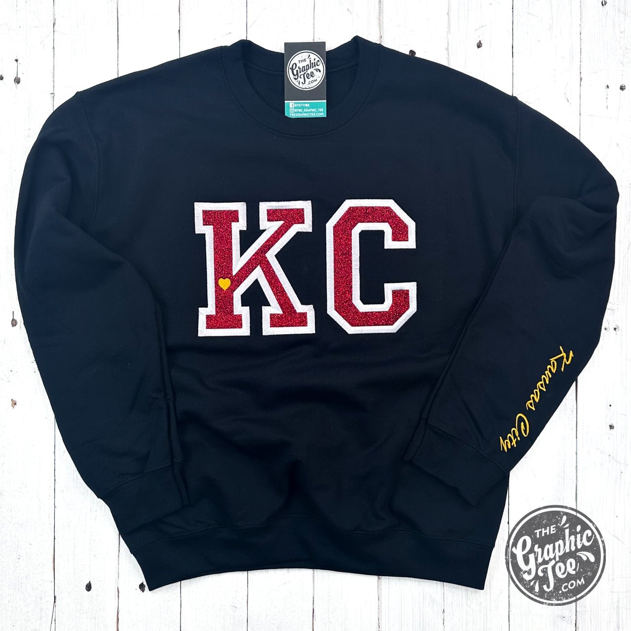 KC Red Glitter Applique Black Crewneck Sweatshirt - The Graphic Tee