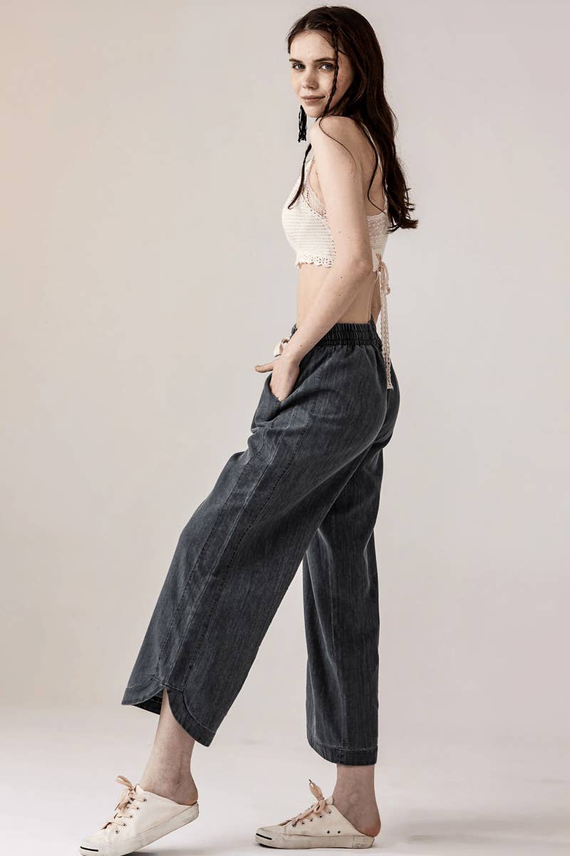 Lacey Denim Wide Leg Crop Pants with Dolphin Tail Hem - The Graphic Tee