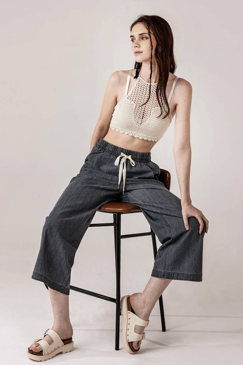 Lacey Denim Wide Leg Crop Pants with Dolphin Tail Hem - The Graphic Tee