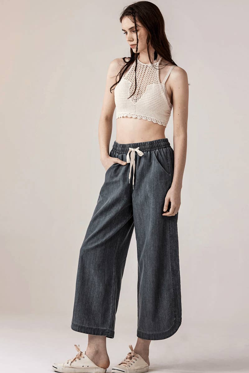 Lacey Denim Wide Leg Crop Pants with Dolphin Tail Hem - The Graphic Tee