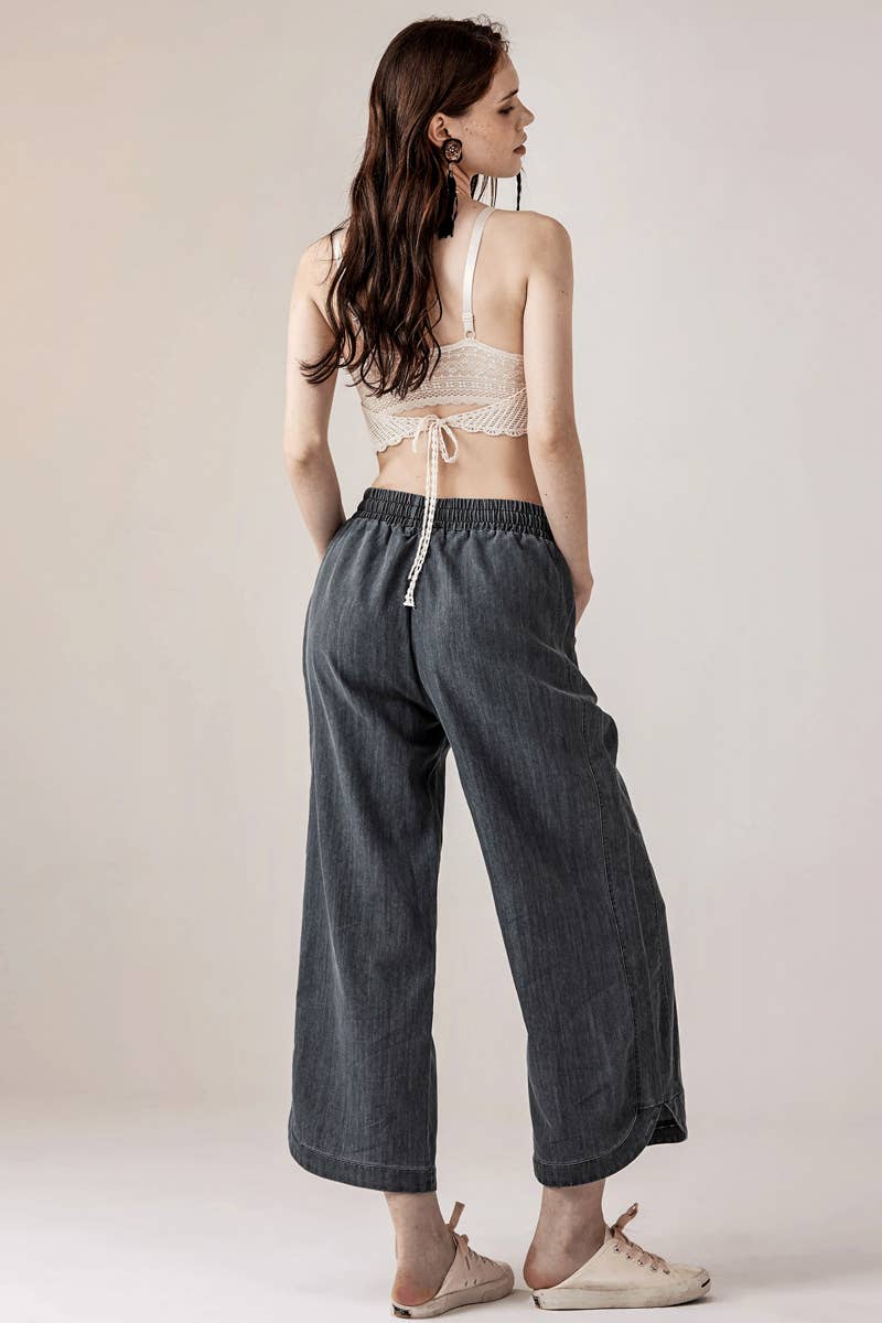 Lacey Denim Wide Leg Crop Pants with Dolphin Tail Hem - The Graphic Tee