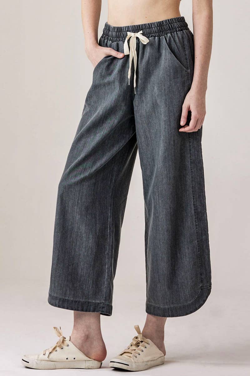 Lacey Denim Wide Leg Crop Pants with Dolphin Tail Hem - The Graphic Tee