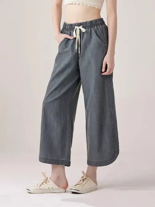 Lacey Denim Wide Leg Crop Pants with Dolphin Tail Hem - The Graphic Tee