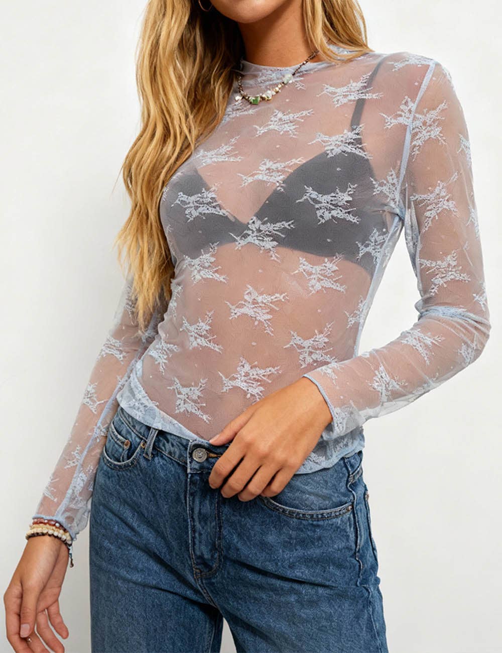 Lux Layering Floral Lace See Through Mesh Top Blouse - The Graphic Tee