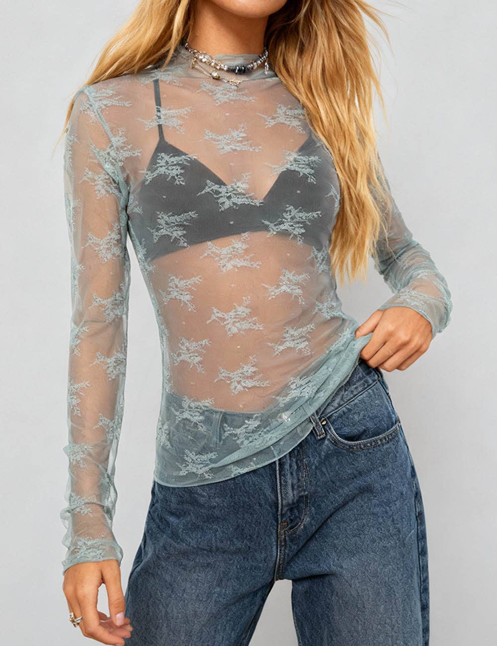Lux Layering Floral Lace See Through Mesh Top Blouse - The Graphic Tee