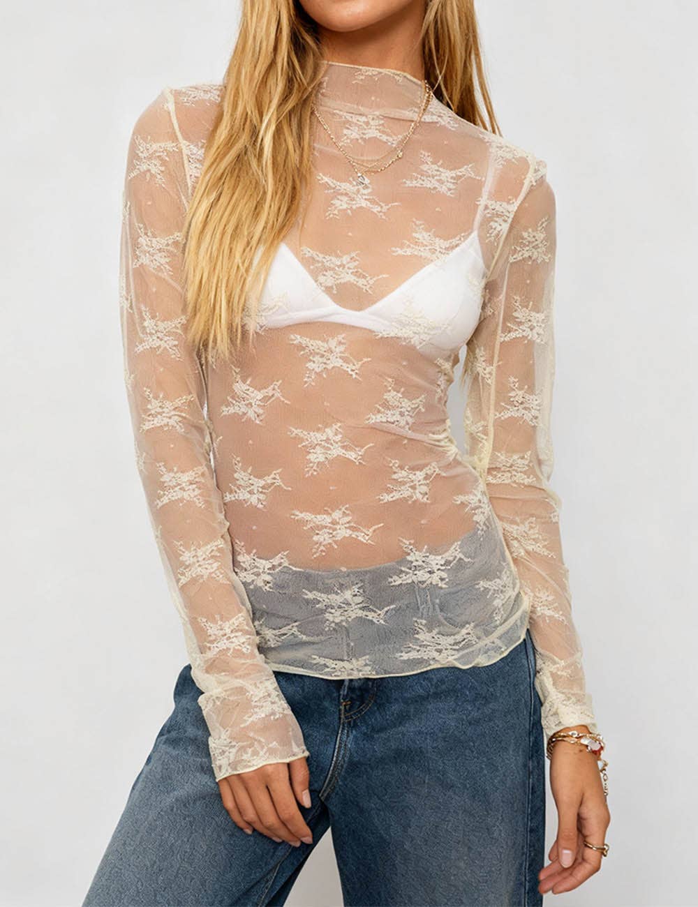 Lux Layering Floral Lace See Through Mesh Top Blouse - The Graphic Tee