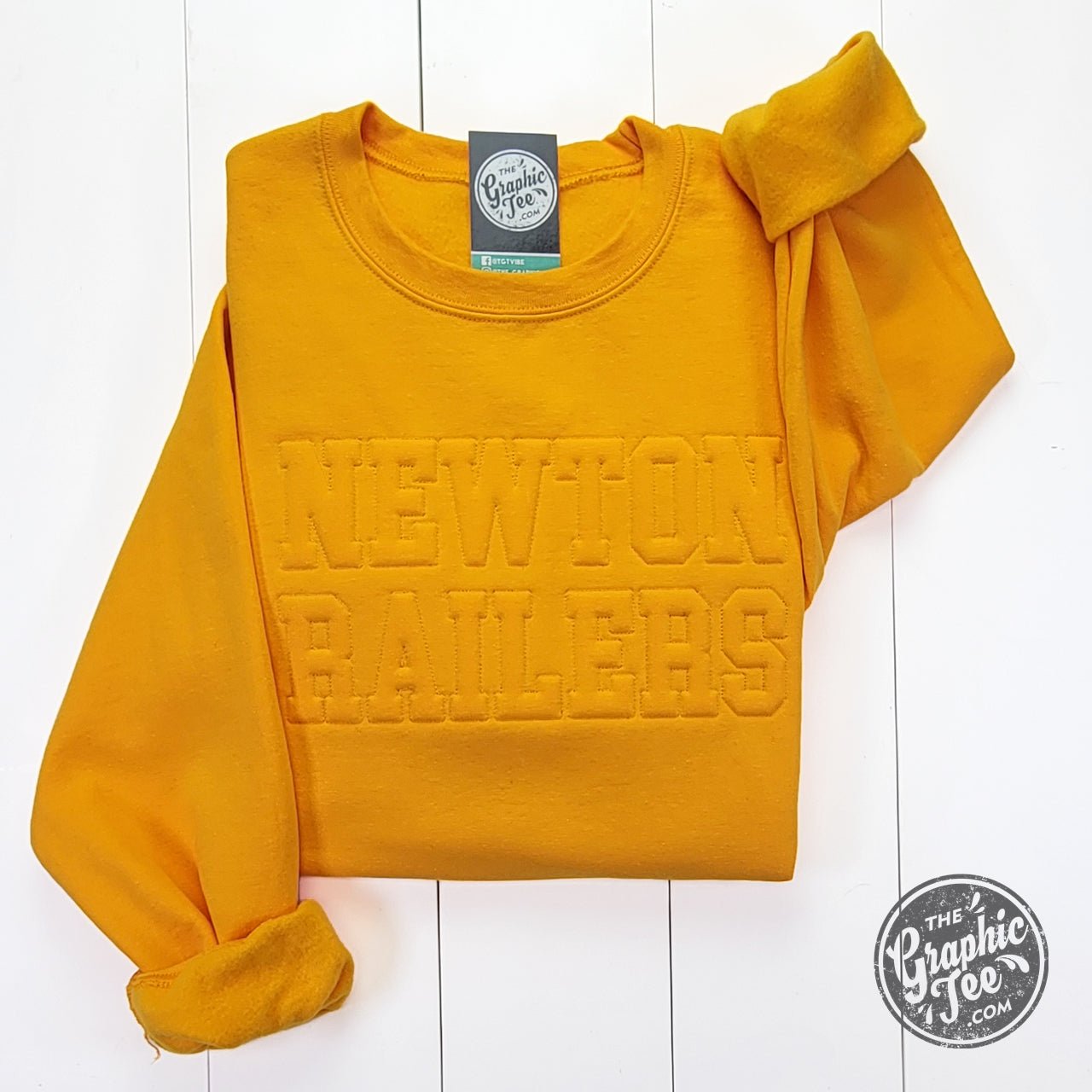 Newton Railers Gold Tonal 3D Embroidered Crewneck Sweatshirt - The Graphic Tee