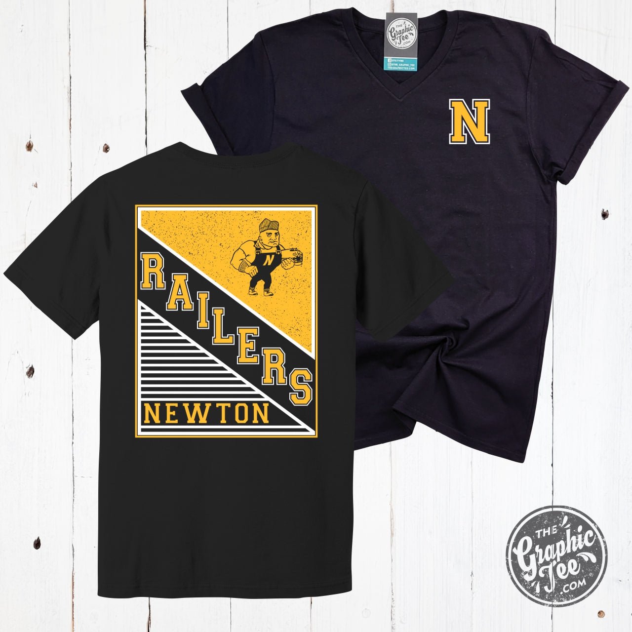 Newton Railers Rectangular With Railer Man Black V Neck Short Sleeve Tee - The Graphic Tee