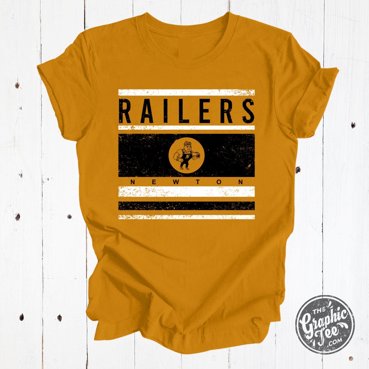 Newton Railers Stripes with Railerman YOUTH Antique Gold Short Sleeve Crewneck Tee - The Graphic Tee