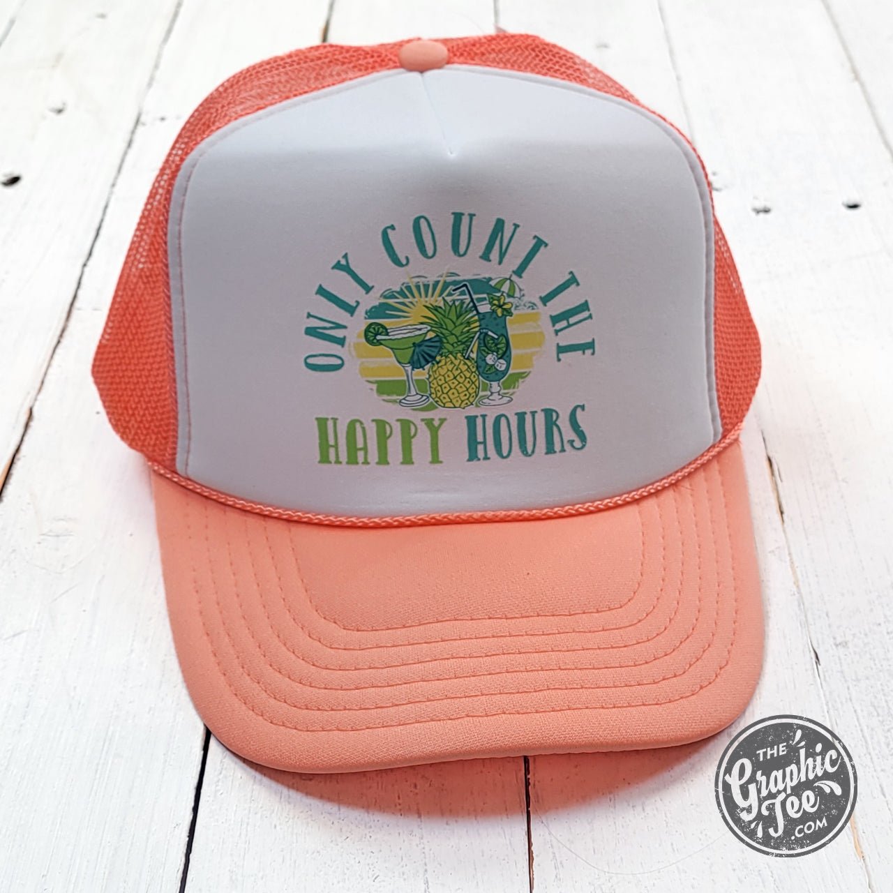 Only Count the Happy Hours Coral and White Foam Trucker Cap - The Graphic Tee