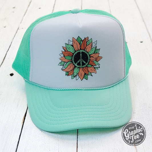 Peace Sunflower Seafoam and White Foam Trucker Cap - The Graphic Tee