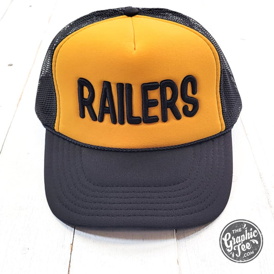 Railers Black and Gold Puff Embroidered Trucker Cap - The Graphic Tee