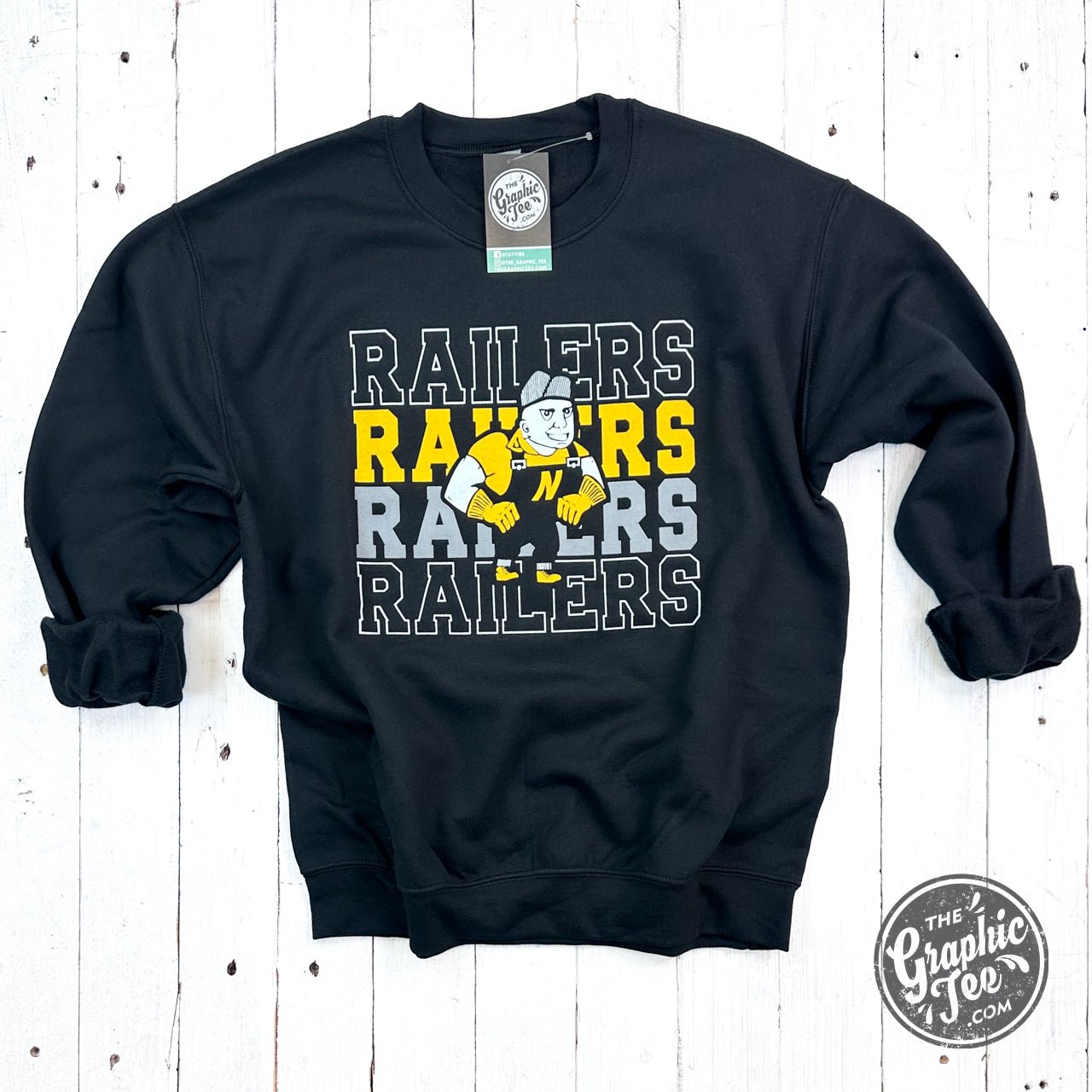 Railers Railers Railers With Railerman Black ADULT Crewneck Sweatshirt - The Graphic Tee