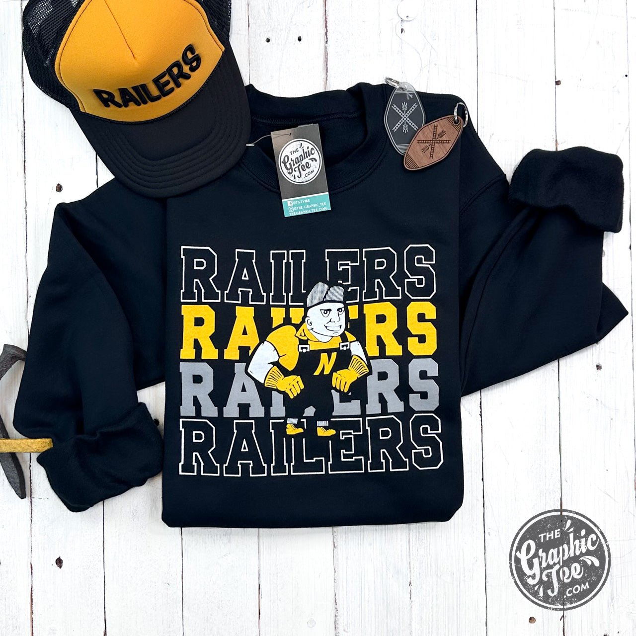 Railers Railers Railers With Railerman Black ADULT Crewneck Sweatshirt - The Graphic Tee